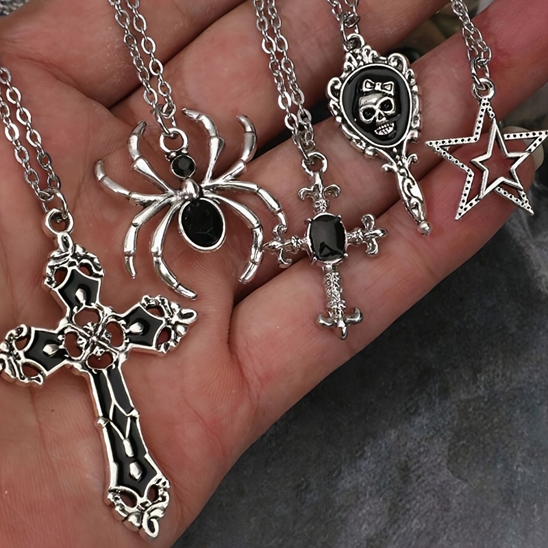 Image of 5pcs Y2k Vintage Punk Rock Style Decorated Spider Halloween Gifts, Gothic Jewelry, Black Cross, Star, Mirror, Cross Pendant Necklace Set, Hipster, Boho Style