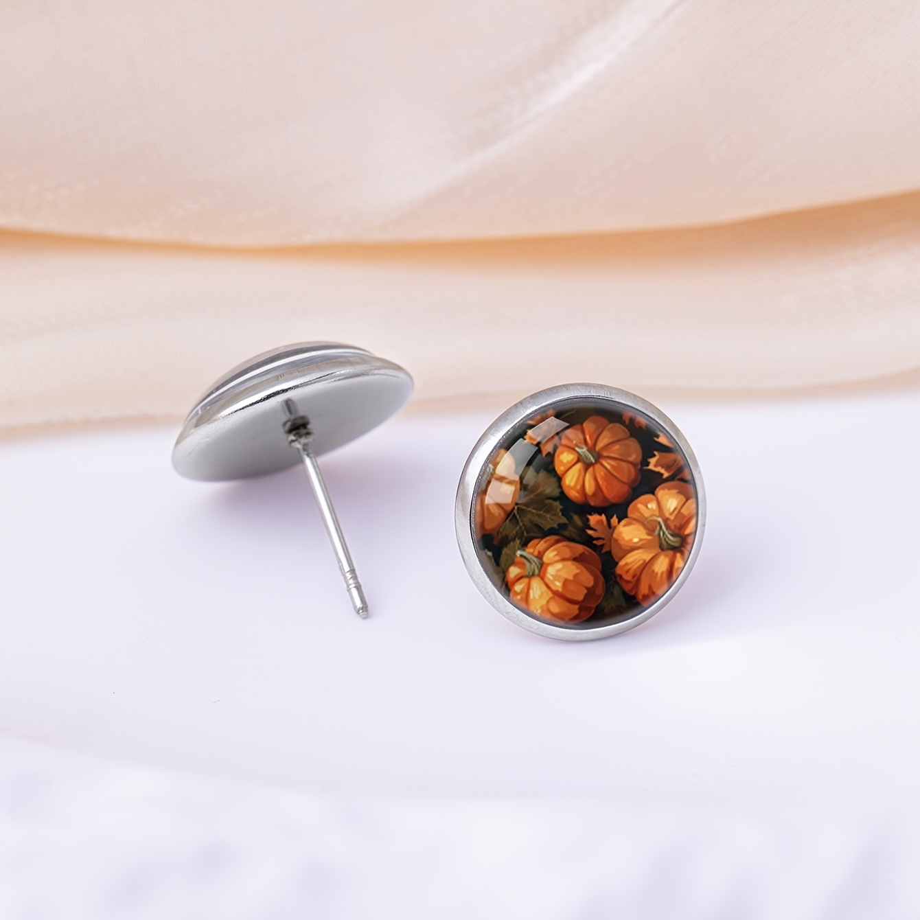 Thanksgiving Pumpkin Leaves Pattern Stud Earrings