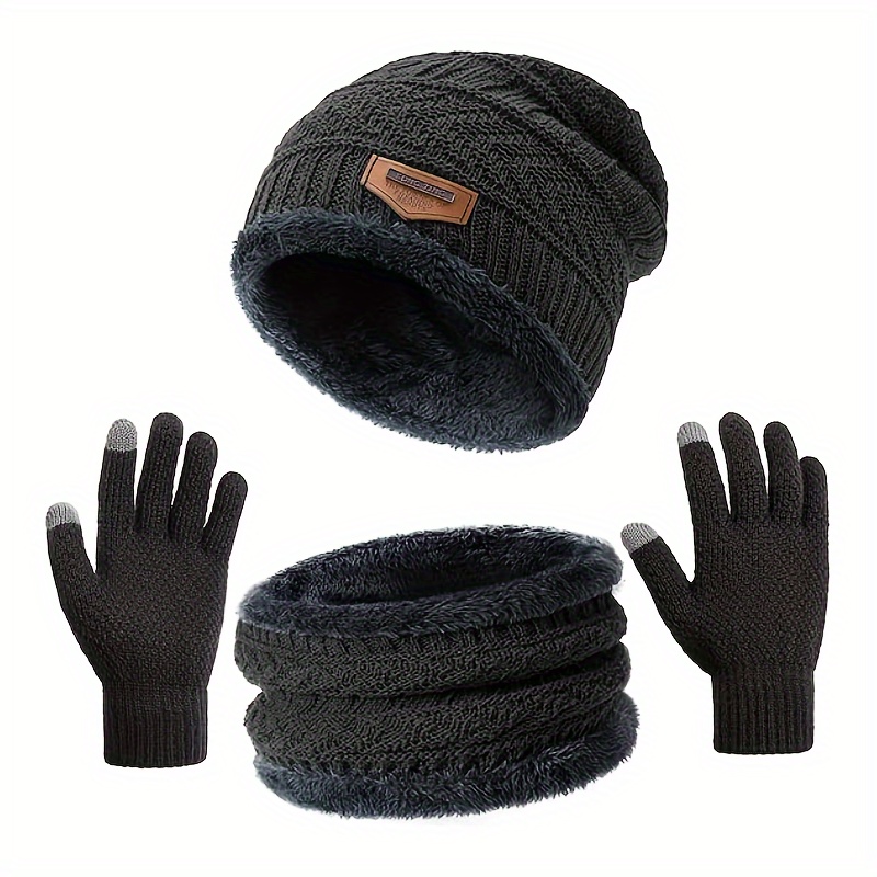 Ensemble 3 en 1 pour l'hiver : Bonnet, écharpe et gants tactiles pour hommes et femmes - Tricot chaud doublé en polaire, vêtements d'hiver pour femmes, gris foncé