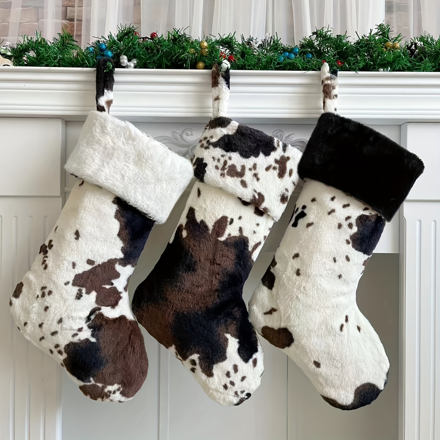 

3pcs Christmas Stockings - , 20- Size, Cow Pattern, , Polyester, , Featherless, For Decorations / Halloween / New / Use, Gift Bags