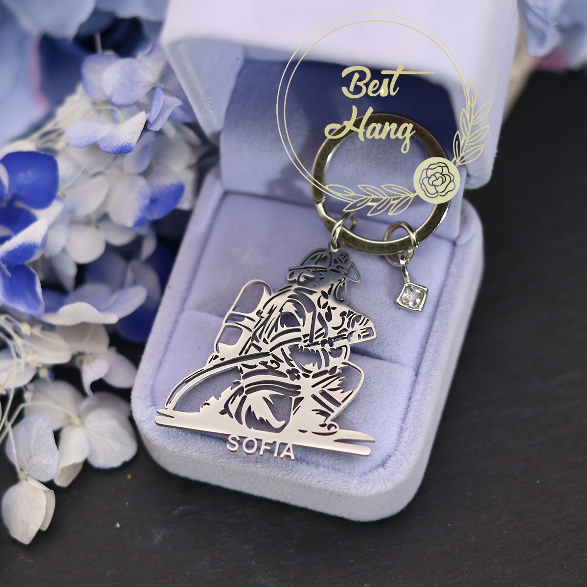 Image of 1pc Customized Fire Nameplate Key Chain, Stainless Steel Firefighting Engraved A-z Letters Keychain Personalized Birthstone Custom Name Firefighter Keyring For Women Men Birthday Christmas Gift