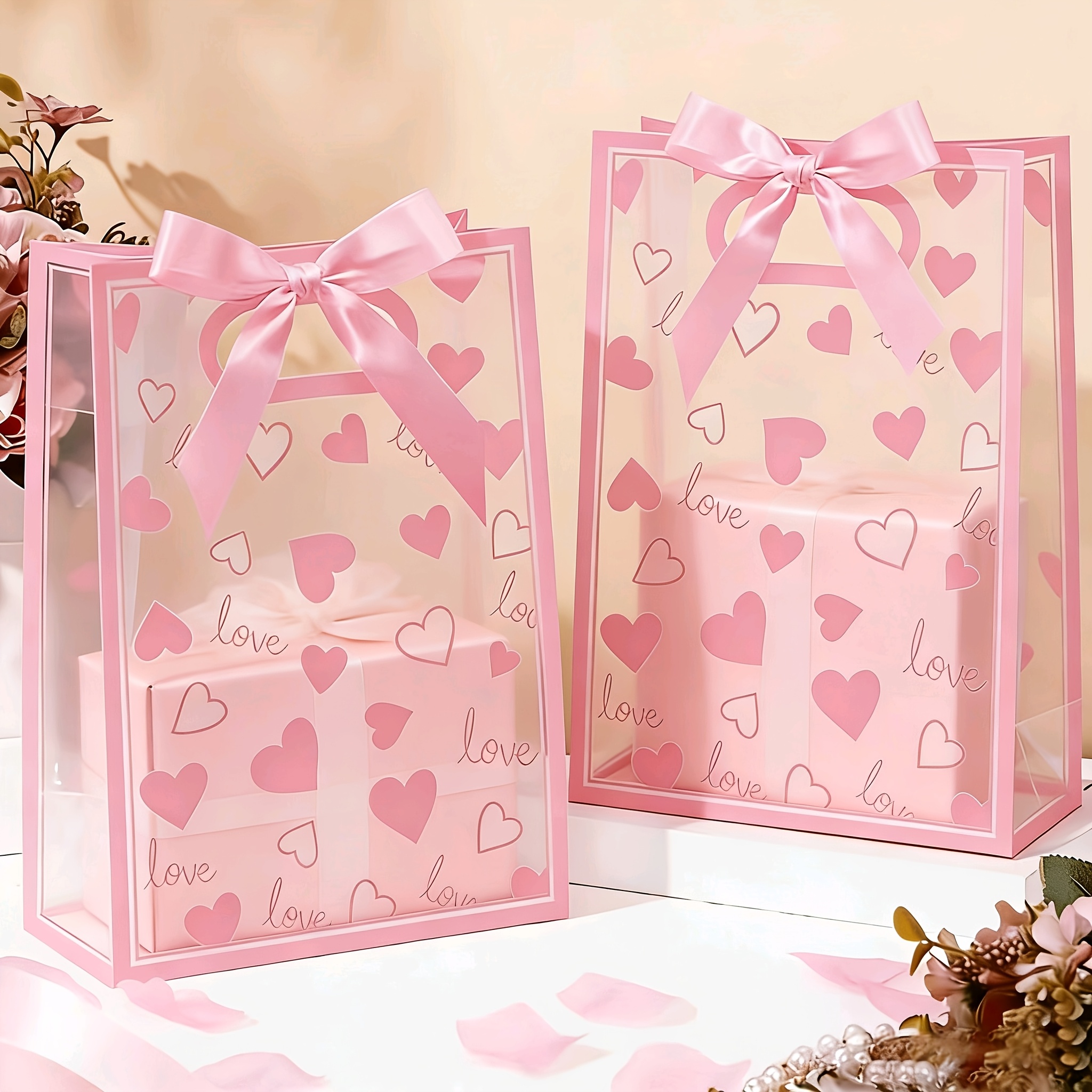 TEMU 12pcs Transparent Minimalist Premium Heart-shaped Gift Bags With Pink Satin Ribbons. Suitable For Wedding Favors, Birthday Presents, Valentine's