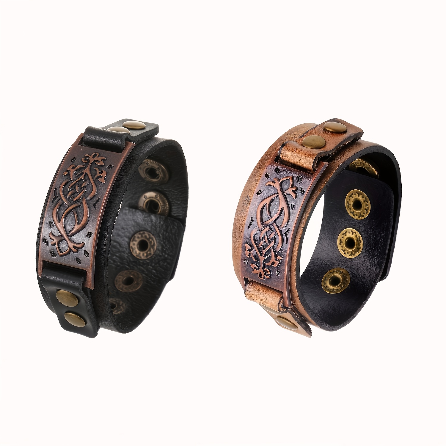 Image of 2pcs Set Of Vintage Bronze-colored-patterned Genuine Cowhide Leather Bracelets, Suitable For Men' Wear