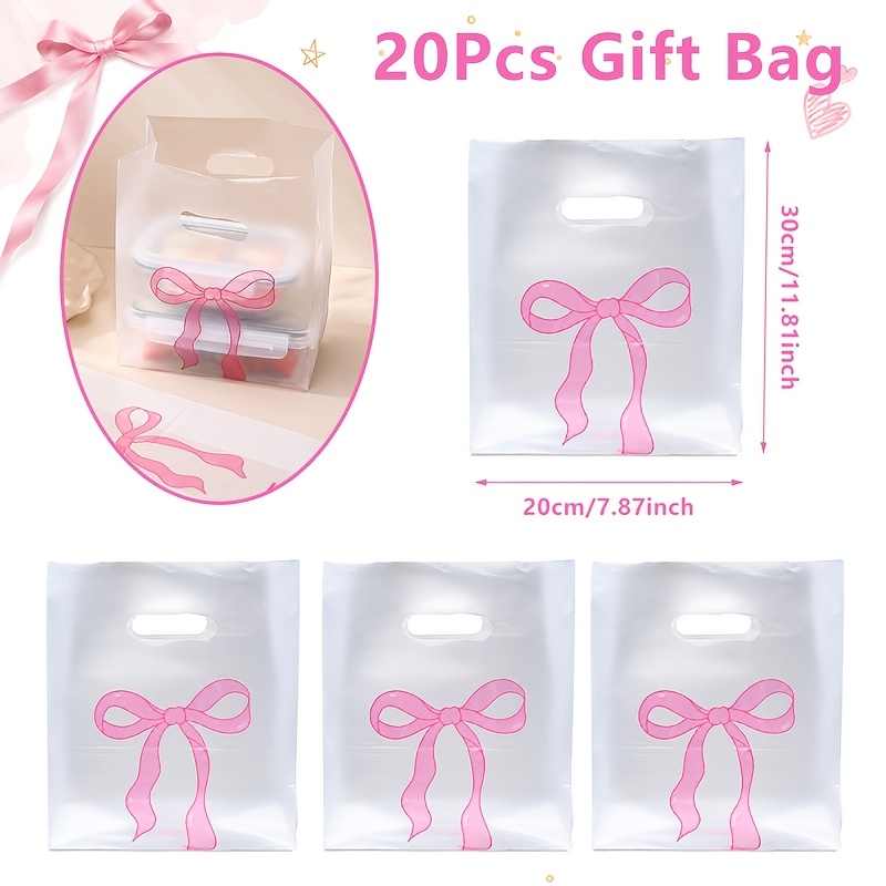 TEMU Pack Of 20, Pink Bow Printing Portable Gift Bag, Bow Pattern Handbag, Birthday Gift Packaging Bag, Baby Gift Decoration, Wedding Decoration,