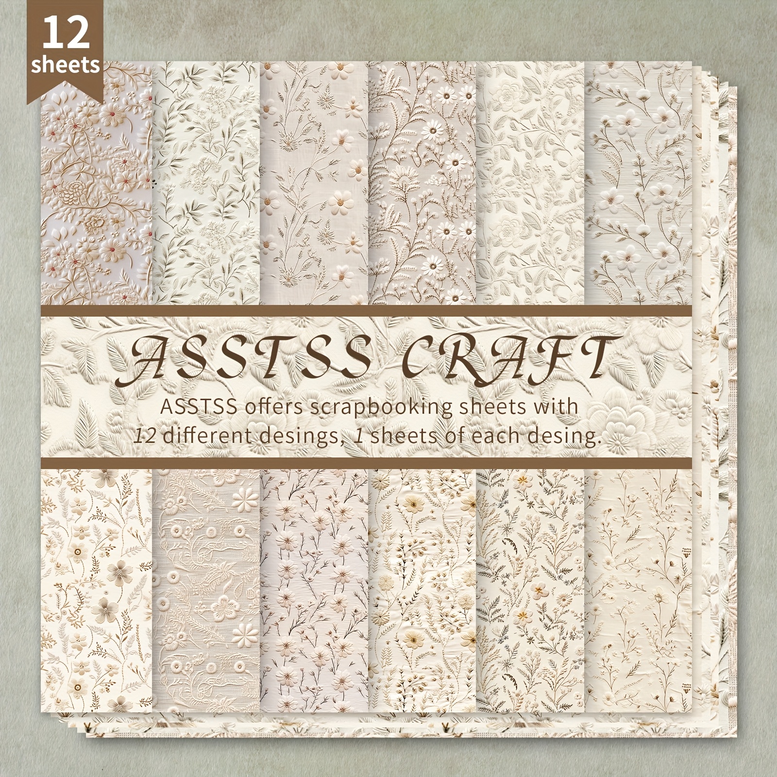 TEMU 12-sheet Vintage Floral Embroidery Scrapbooking Paper Pad - Heavyweight 6"x6" Cardstock With 12 For Bullet Journaling, Greeting Cards, Collage Art & Crafts, Scrapbooking Supplies