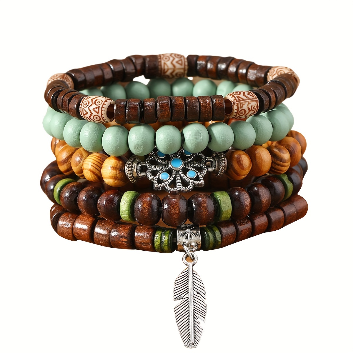 Bohemian Style 5pcs Set Wooden Beaded Leaf And Beige-blue Floral Elastic String Bangle Bangle Bracelet Set