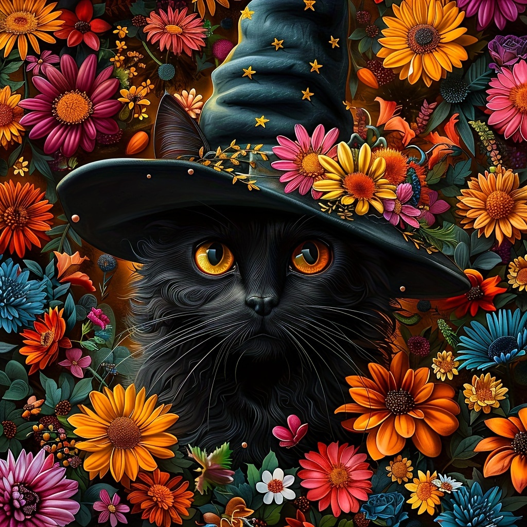 

1pc 5d Diamond Art Painting Set - Black Cat With Hat, Round Diamond, Perfect For Diy Home Decoration, Family Gift, 40*40cm/15.7*15.7in