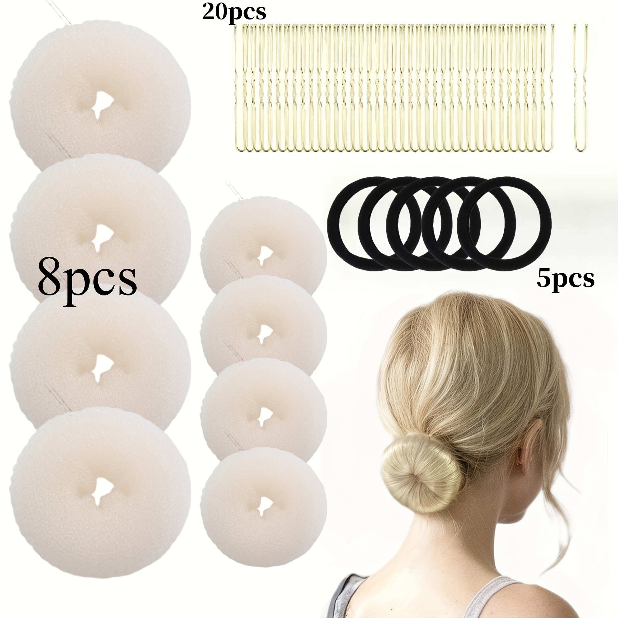 TEMU 33pcs (13pcs Hair Ties And 20pcs Hair Clips) Donut Bun Maker | Ballet Bun Maker, Sock Bun Maker, Bun Tool, Elegant Nylon Women's Styling Tool
