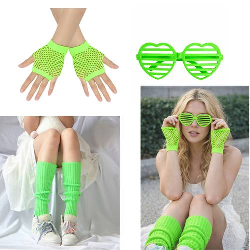 1980s 3pcs costume outfit set including glasses fishnet gloves and leg warmers 80s retro parties halloween dance performances 80s theme party costumes 80s dance attire and school day dress up