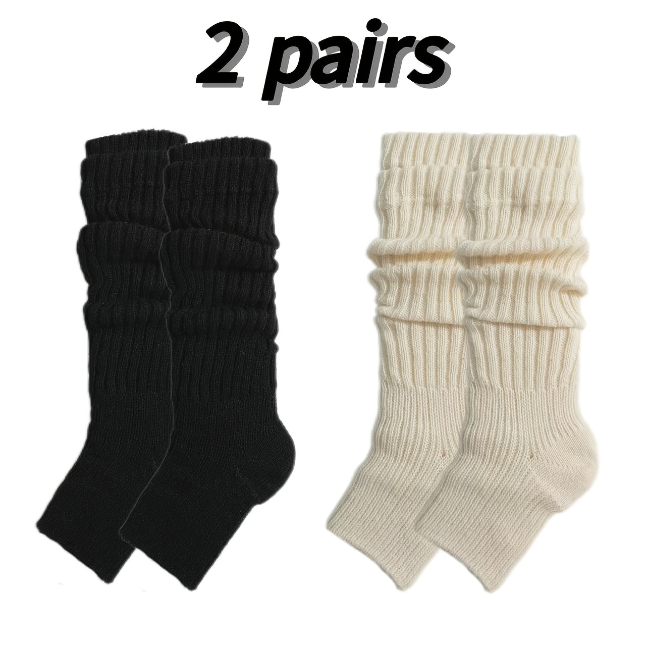 Image of 2-pair Women's Wool Leg Warmers - Thick Suitable For Boots/calf/thigh, Soft Wool Solid Black & White, Hand Washable Cozy Sock Covers For Cold Weather Outfits