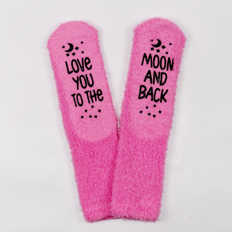 TEMU 1 Pair Of Mid-tube Autumn And Winter Warm Coral Fleece Socks, A Must-have Item, With Text "love You To The And Back", Non-shedding,