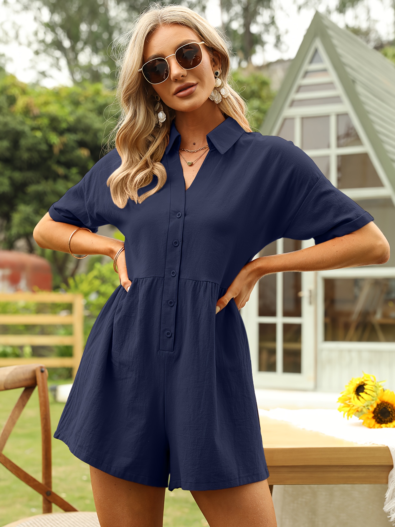 Women's Navy Blue Casual V-Neck Short Sleeve Romper with Pockets  Button- Collared Jumpsuit for Summer