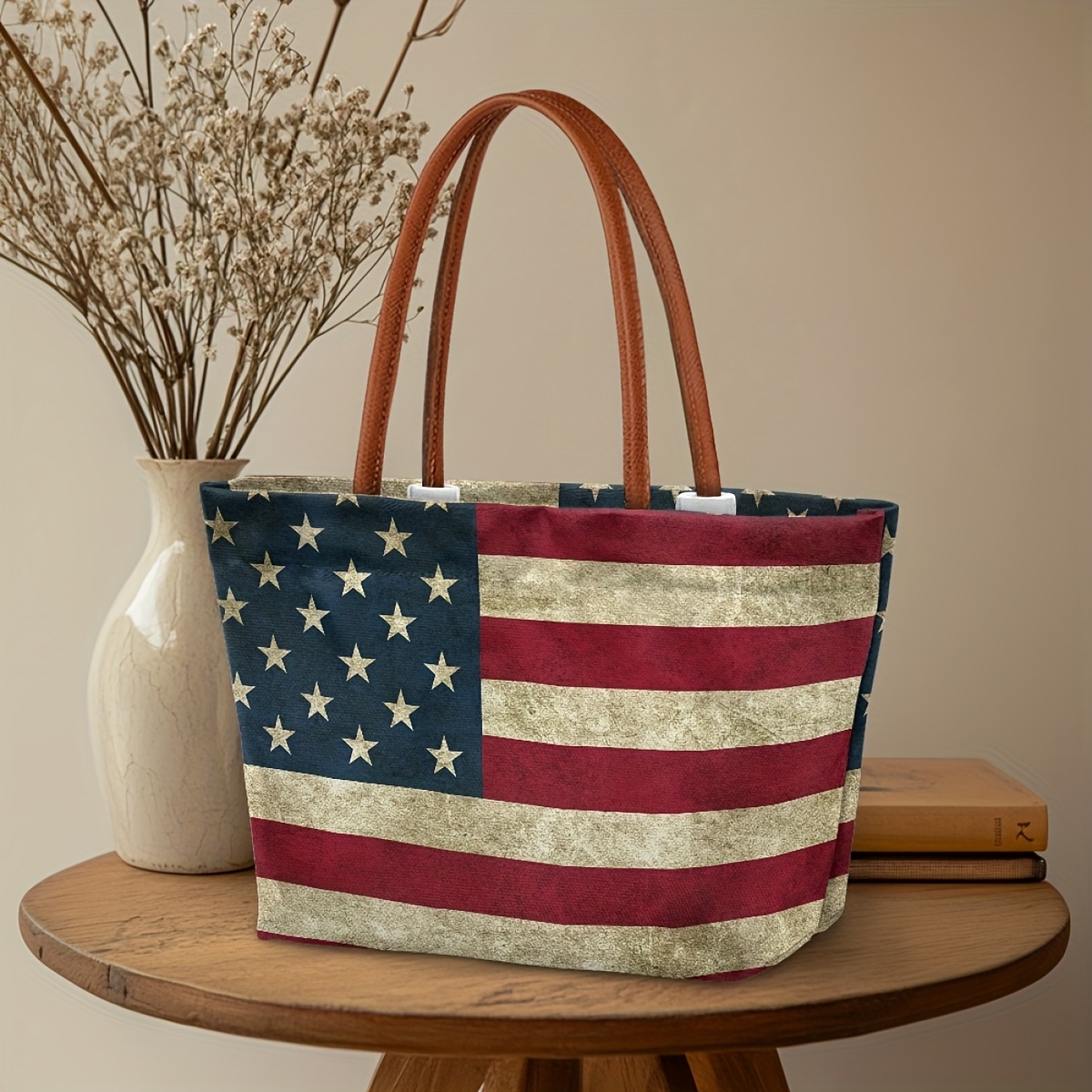 Image of Vintage American Flag Handbag Large Capacity Design Tote Bag, Convenient For You To Store And Items Soft And Comfortable Fabric