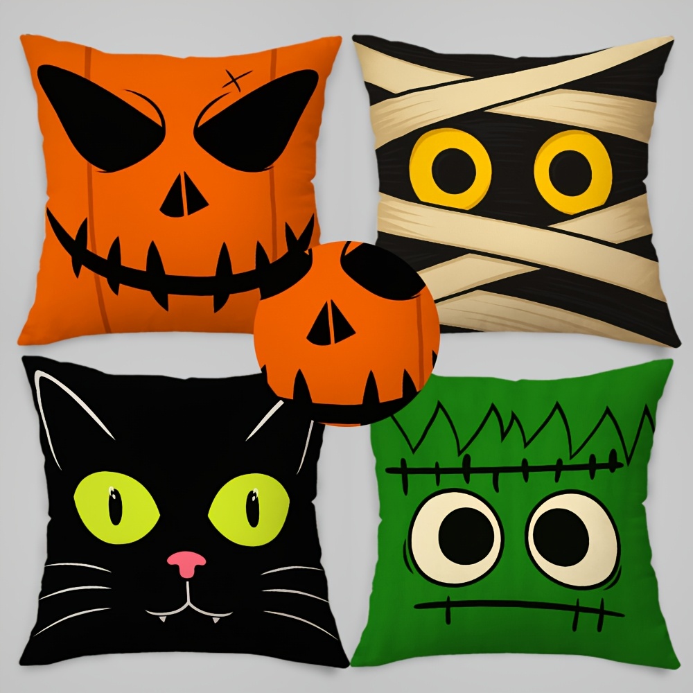 TEMU 4pcs Of Halloween Decorative Pillow Covers Featuring Pumpkin And Black Cat Prints. Happy Halloween! Home Decor Pillow Covers Have A Zipper
