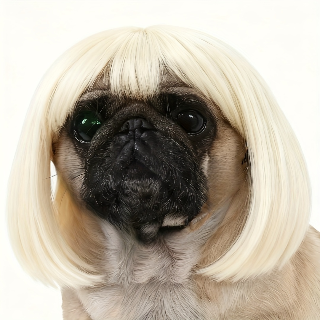 TEMU Peluca de Cosplay para Perros y Gatos - Disfraz Ajustable para Mascotas con Peluca de Color Marrón///Rosa con Flequillo, Peluca Sintética Cómoda