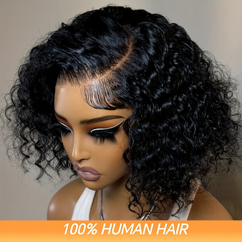 chic short curly side part lace front wig brazilian human hair water wave style for women 200 density 13x4 t part details 0
