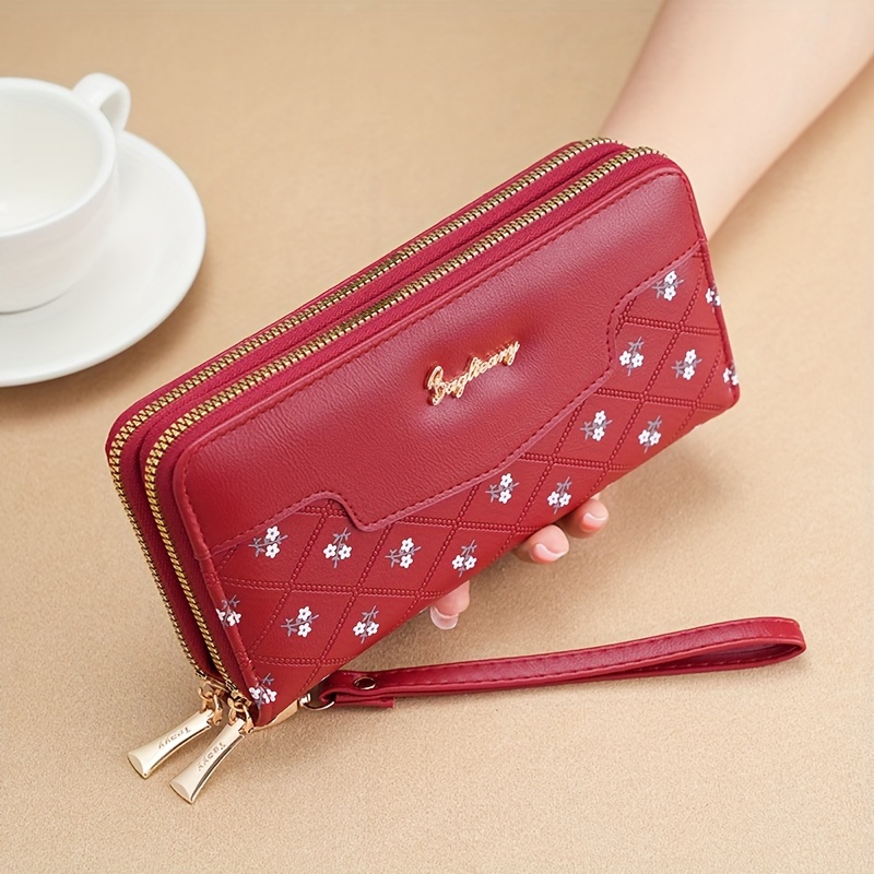 

1pc, Embroidered Multifunctional Ladies Wallet With Wristlet, Casual Style, Pu Material, Double Zipper, Thickened Design, Multiple Card Slots, Phone Pocket