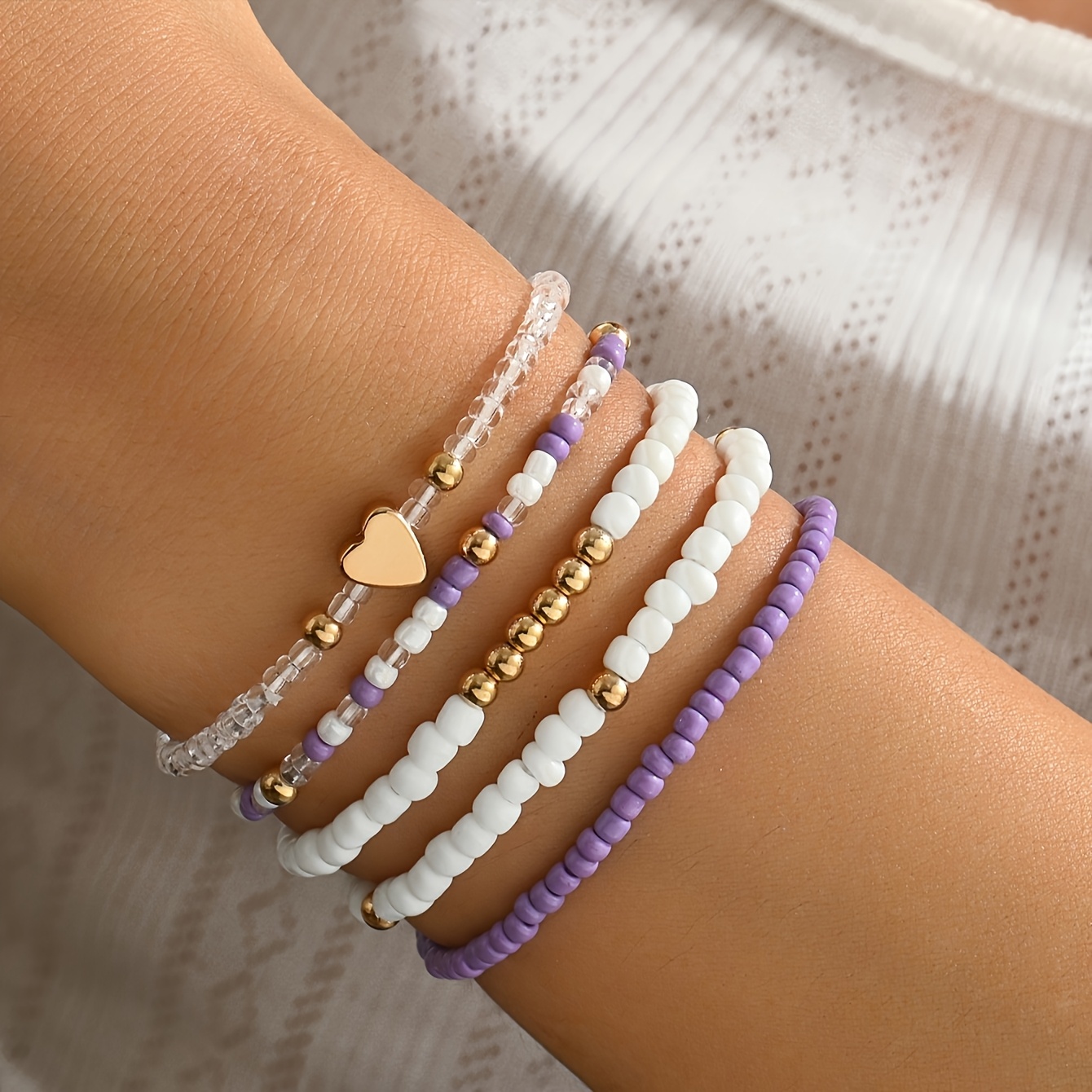 TEMU Braccialetti Boh矇mien Semplici con Perline di in Vetro a Forma di Cuore, 5 Pezzi, Stile Filo Elastico a , Misura Estensibile Regolabile, a