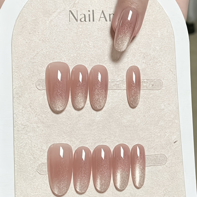 TEMU Faux ongles à pression faits à , ongles à perles de verre effet œil de chat translucides de couleur unie, couleur nude haut de gamme,