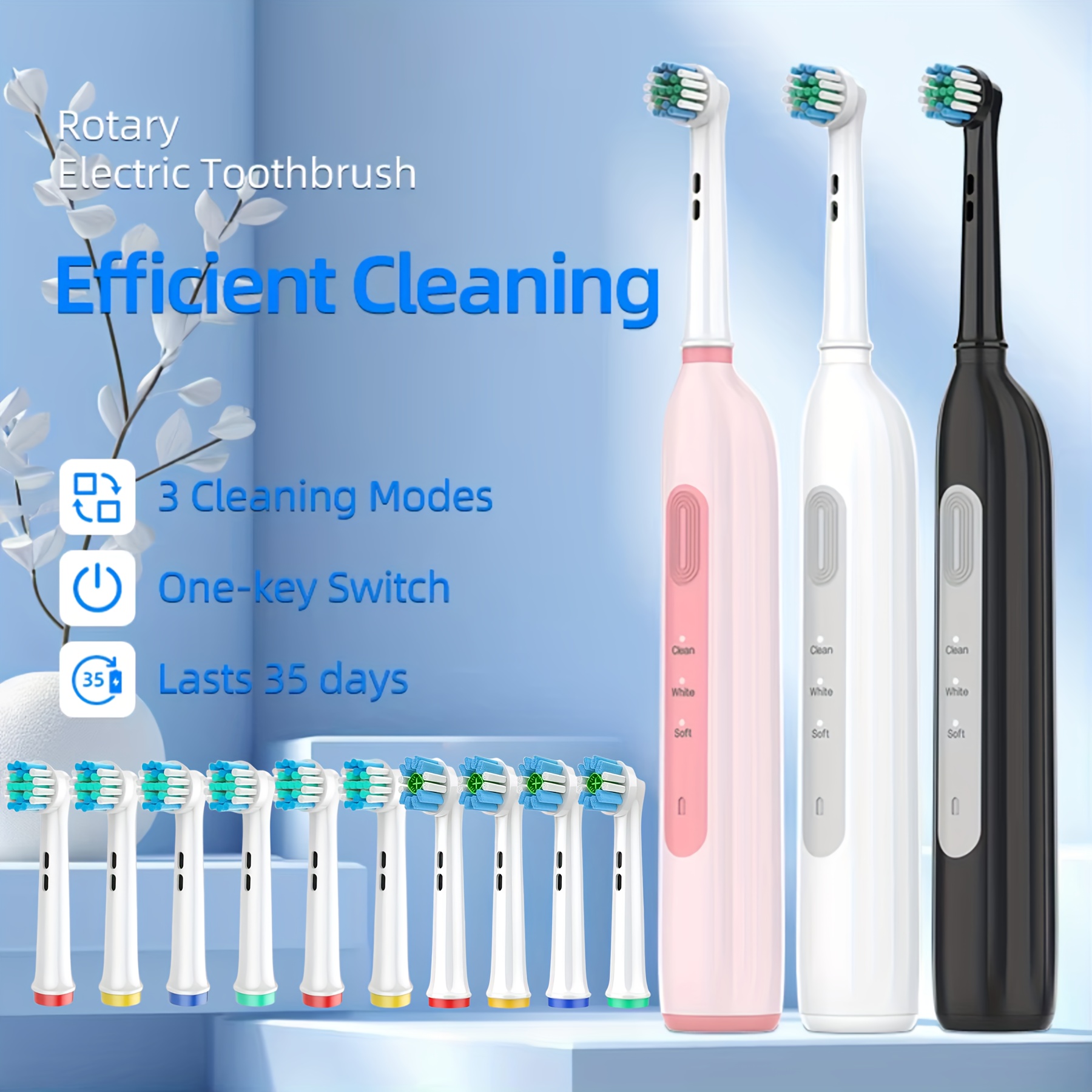 Powerful Rechargeable Electric Toothbrush- Compatible with Oral-B Brush Heads | Includes 10 Long-Lasting Replacement Heads | Ultra-Soft DuPont Bristles | 3 Cleaning Modes | USB-C Fast Charging | IPX7 Waterproof | Great Gift for Family or Travel