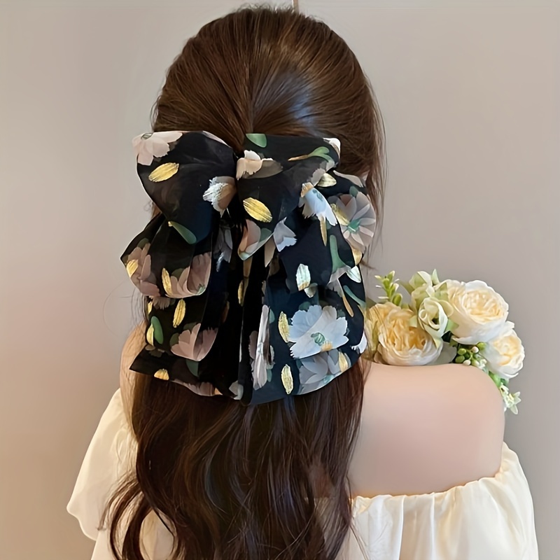 

Elegant Floral Chiffon Bow Hair Clip - Large, Non-slip Ponytail Holder For Women And Girls - Valentine's Day