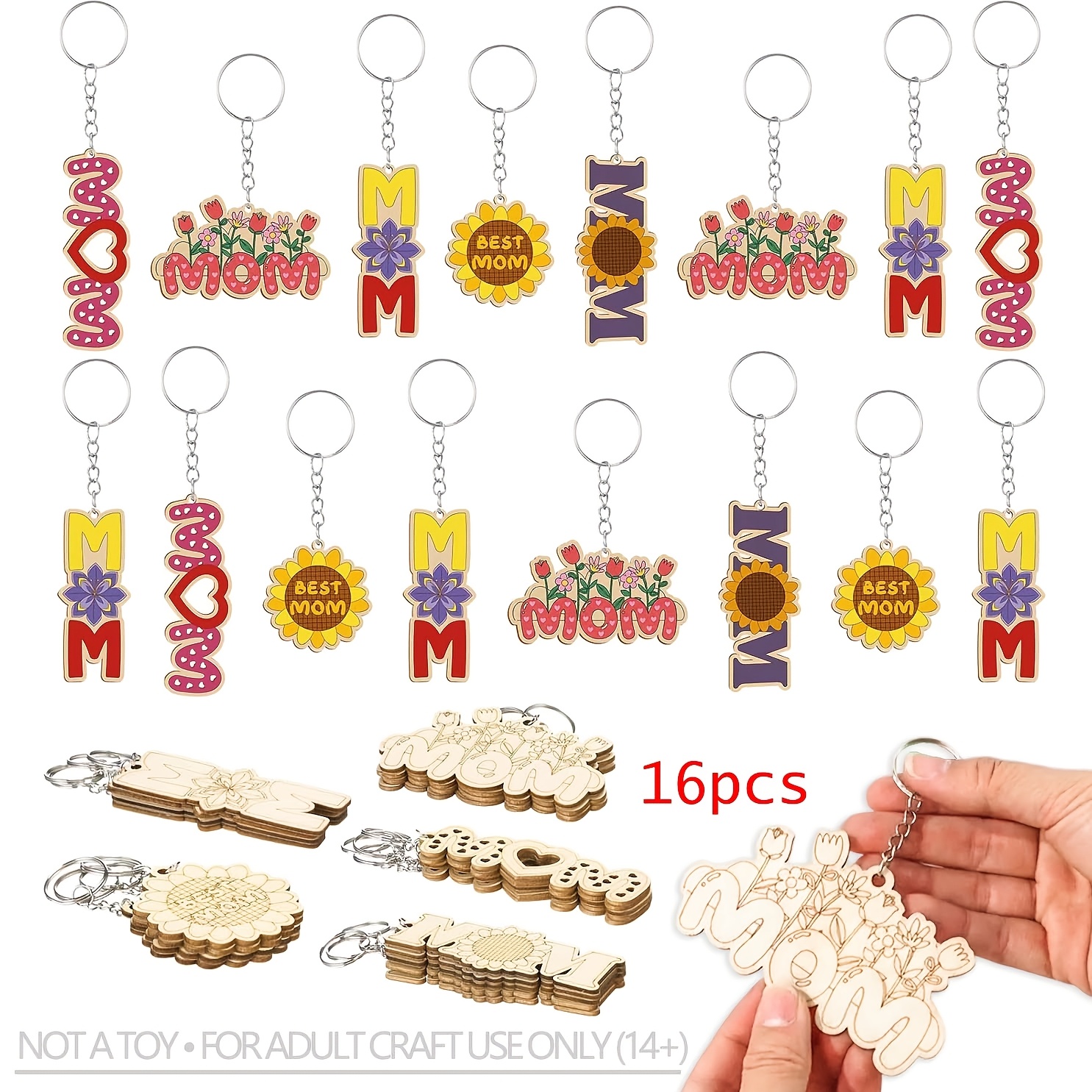 E-shop Geschenk für Sie/Ihn 16-tlg. Muttertag-Schlüsselanhänger-Rohlinge aus Holz, für Erwachsene – Sonnenblumen- „Mama“-förmige Anhänger für