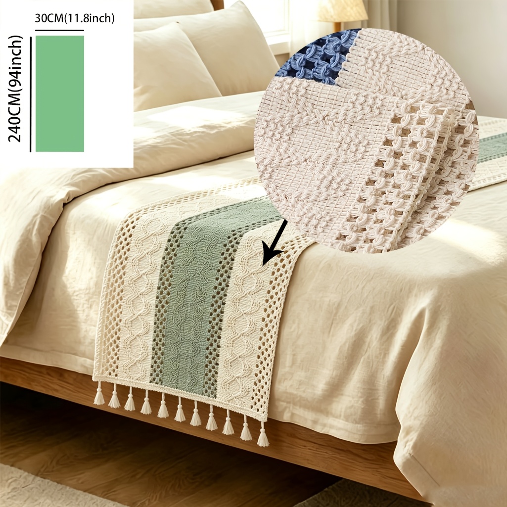 TEMU 1 chemin de lit rayé avec décoration de pompons, largeur 30 cm, décoration toutes saisons, décoration de chambre