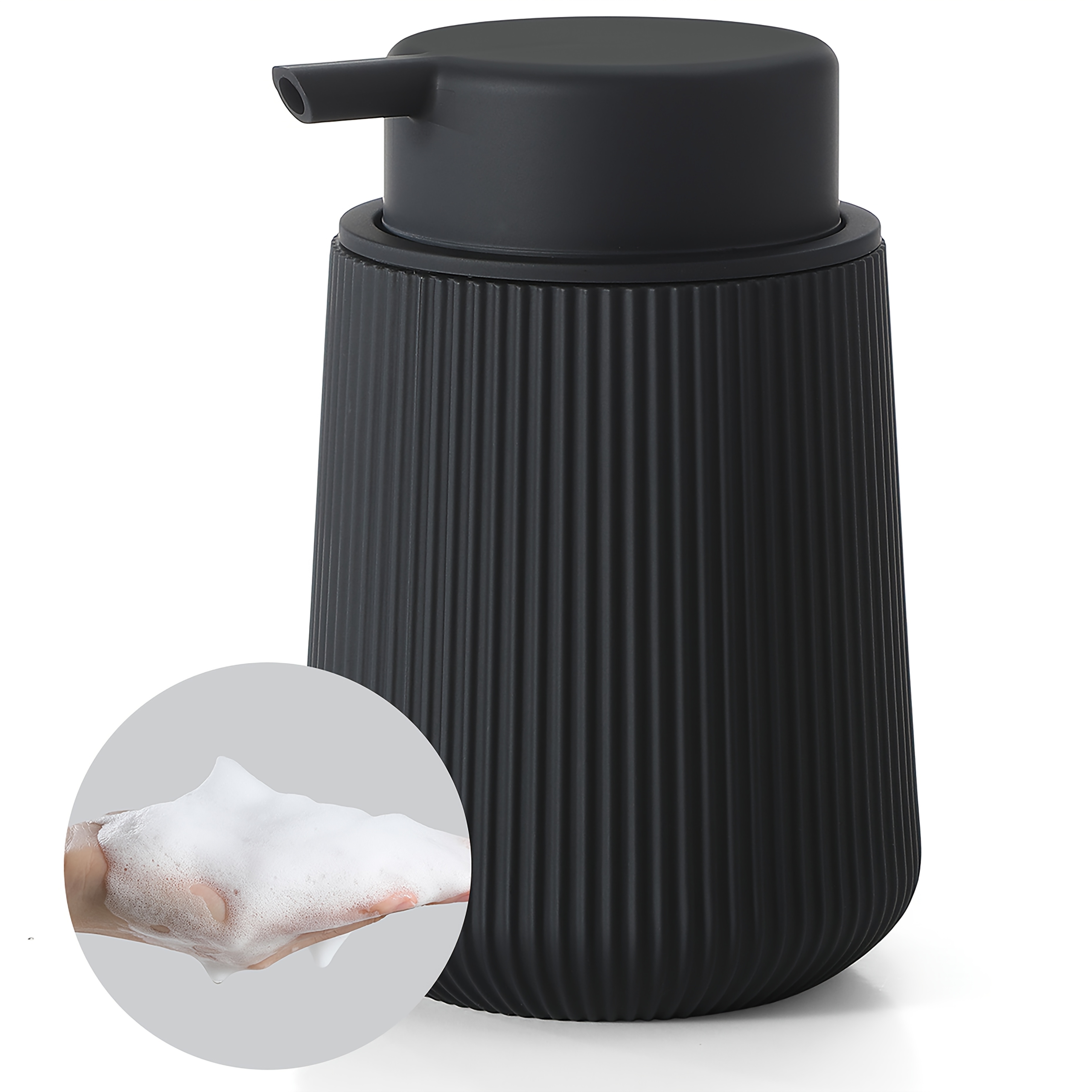 Matte Black Refillable Foam Bottle For Bathrooms And Kitchen Countertops, Designed As A Foaming Soap Dispenser With An 11 Oz Capacity