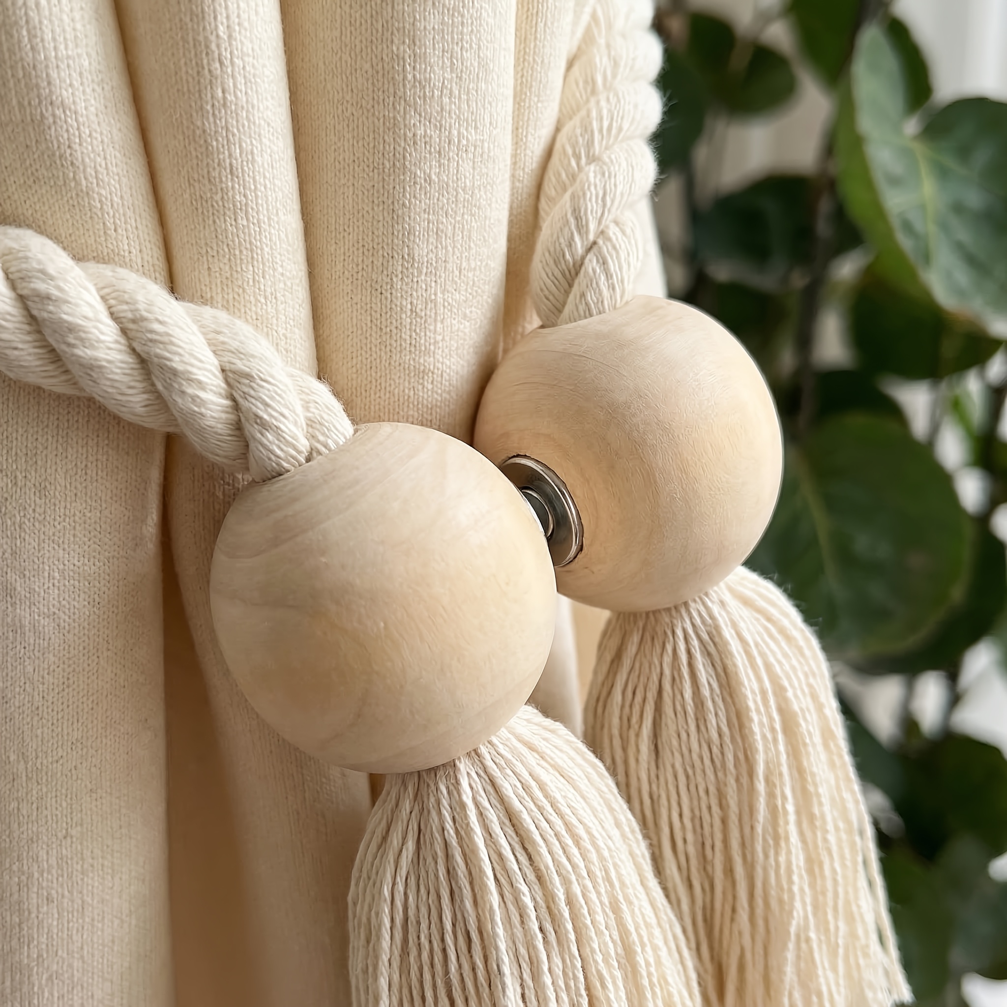 2pcs of Bohemian Style Magnetic Curtain Laces with Wooden Beads-including Hand-woven Ropes, Geometric and Round Beads, Suitable for Elegant Living Room and Bedroom Decoration, and the Magnetic Curtain Frame Is Decorated with Natural Materials.
