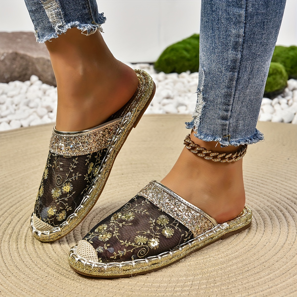 

Women's Floral Mesh Fishman Flats, Closed Toe Slip On Backless Mules, Comfy Summer Slide Shoes