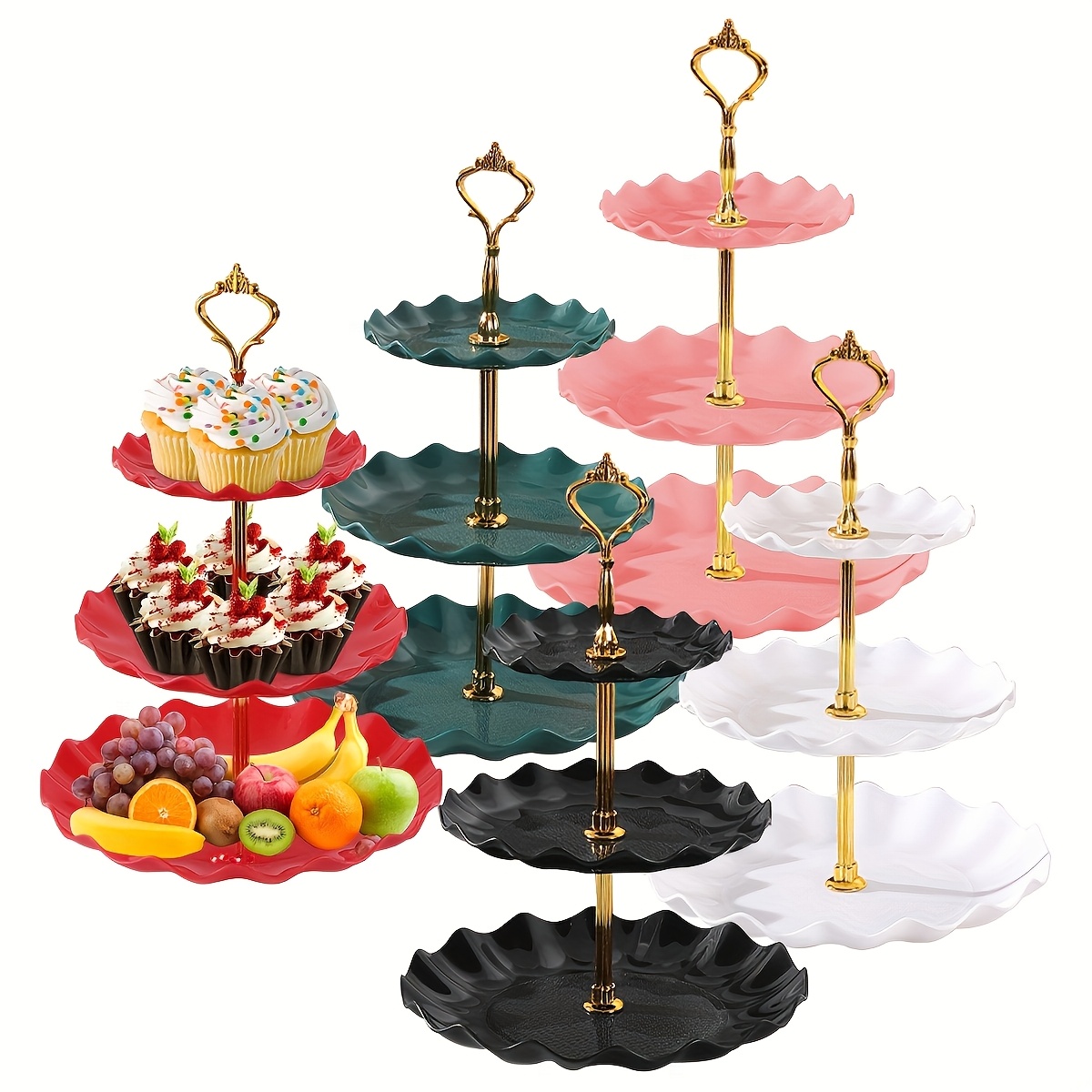 

3pcs Elegant Multi-tier Cake & Fruit Stand Set - Plastic Dessert Display With Decorative Doilies For Birthdays, New Year's, Weddings, And - Versatile Room Fruit Basket, Cake Decorating Supplies