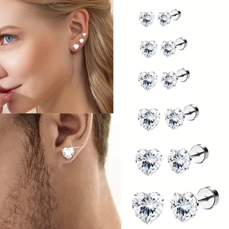 

12pcs Elegant & Steel Earring Set For - Includes Heart, Round & Triangle Crystal With Flat Back Screws - Ideal For Cartilage & Spiral Piercings, Perfect Or Gift