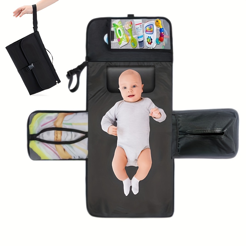 Portable Diaper Changing Mat for Babies, Detachable Travel Diaper Pad with Wipes Pocket, Waterproof Polyester Fiber, Ideal for Baby Shower & Newborn Gift, Black/Grey