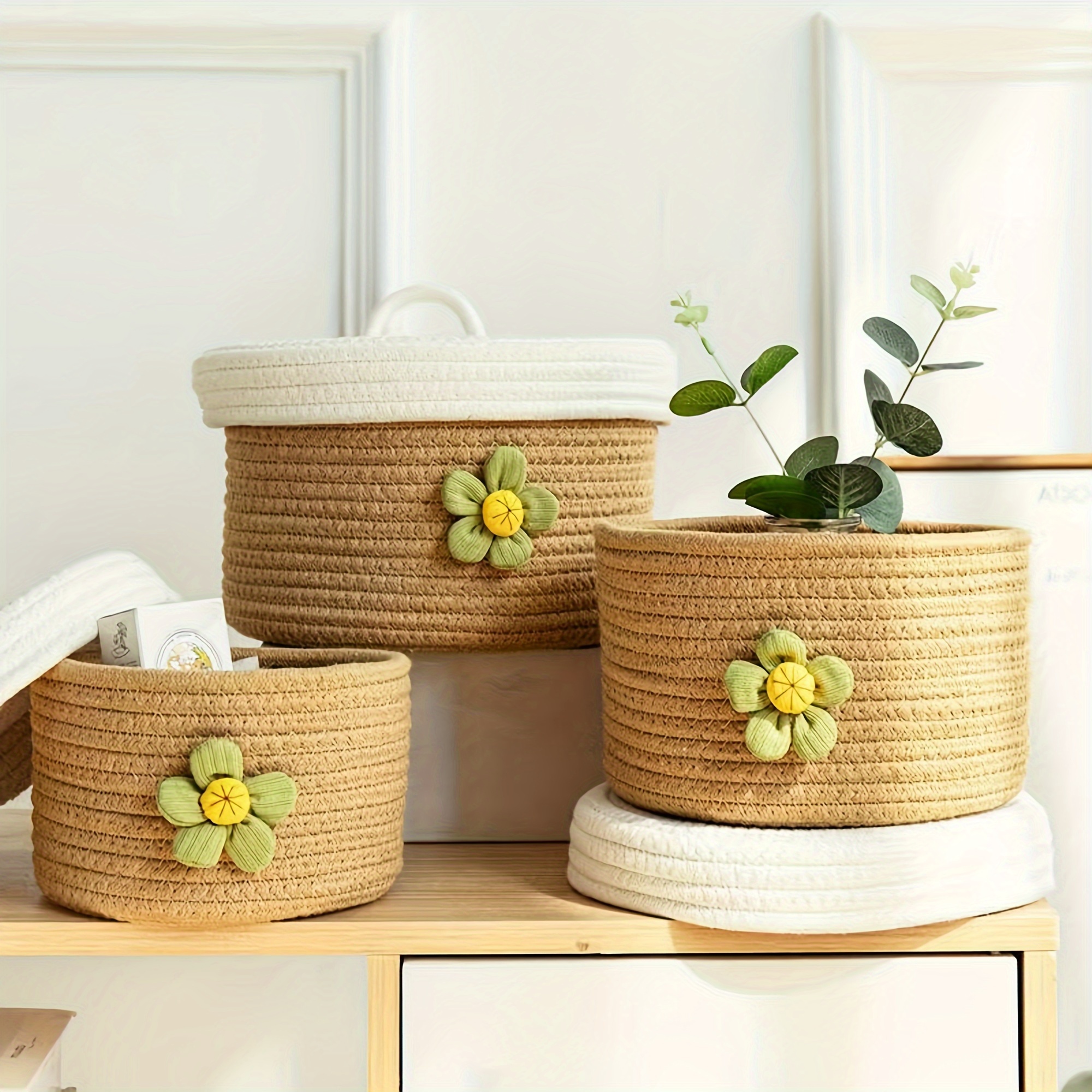 TEMU A Set Of 3 Large Covered Storage Baskets, Handmade Woven Desktop Decoration, Organizing Household Miscellaneous Items