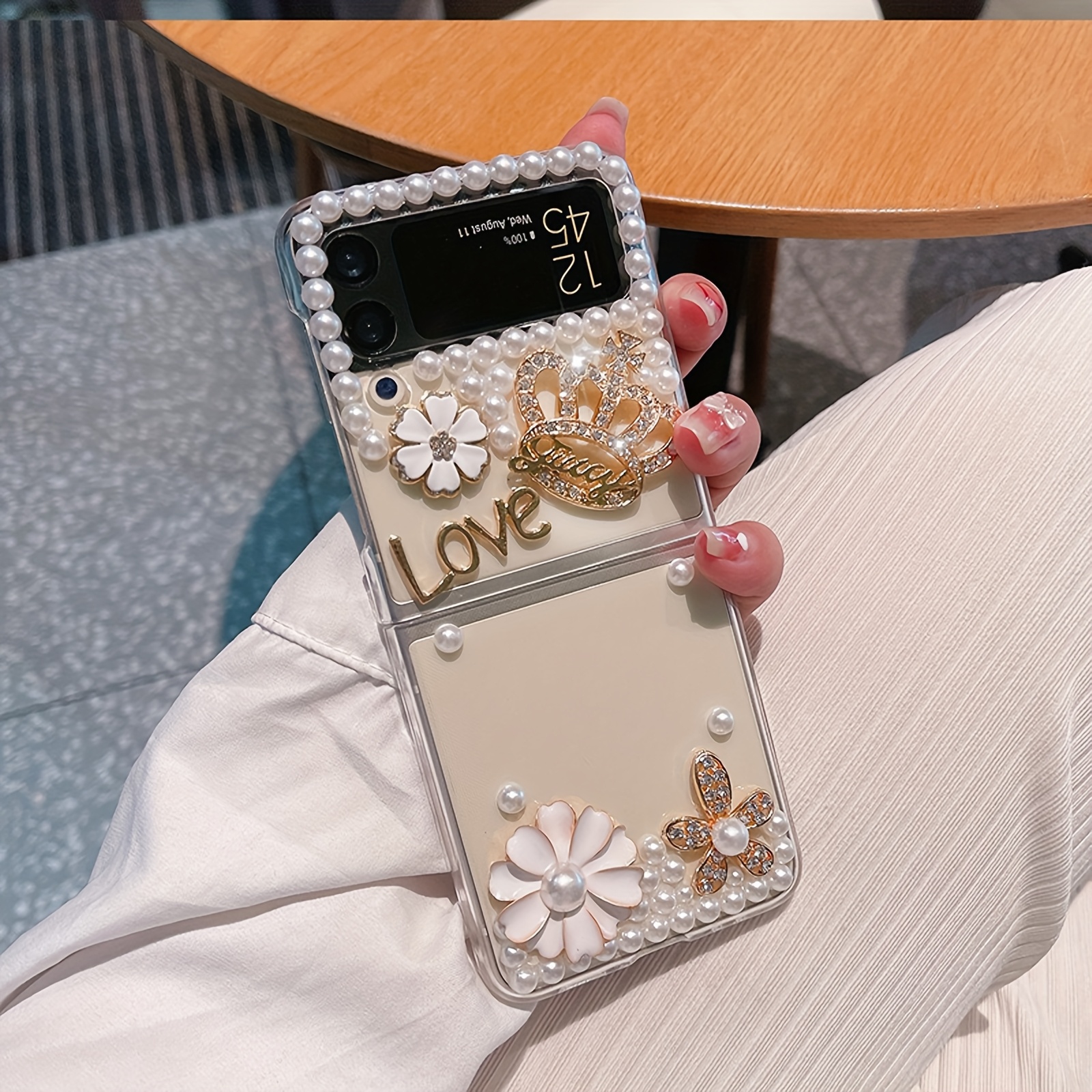 TEMU Phone Case - Luxury Handmade Pearl Crown Flower Folding Phone Case For Galaxy Z Flip 3 4 5 6 7 Women' Anti-drop Phone Case Suitable For Motorola