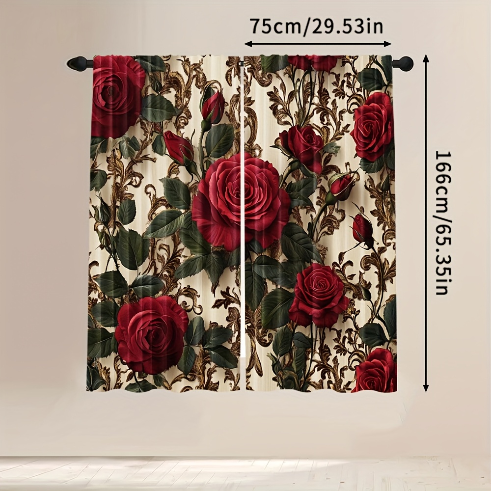 TEMU 2pcs Red Roses & Golden Floral Sheer Curtains - Elegant Polyester Fabric With Vibrant Red Roses & Golden Swirls, Light Filtering, Use For Living