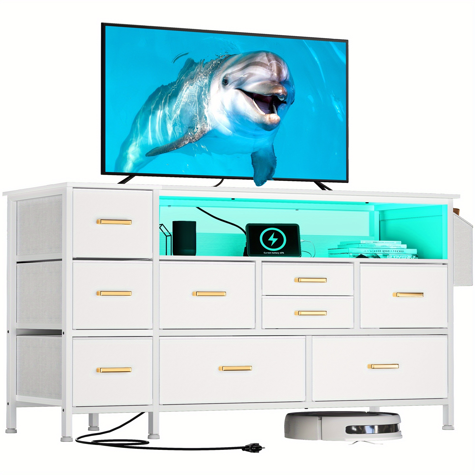 

Dresser Tv Stand For 55'' Tv, 9- Drawer Dresser With Power Outlet And Led Light, Wide Dresser With Metal Handle, White Dresser With Shelves And Pu