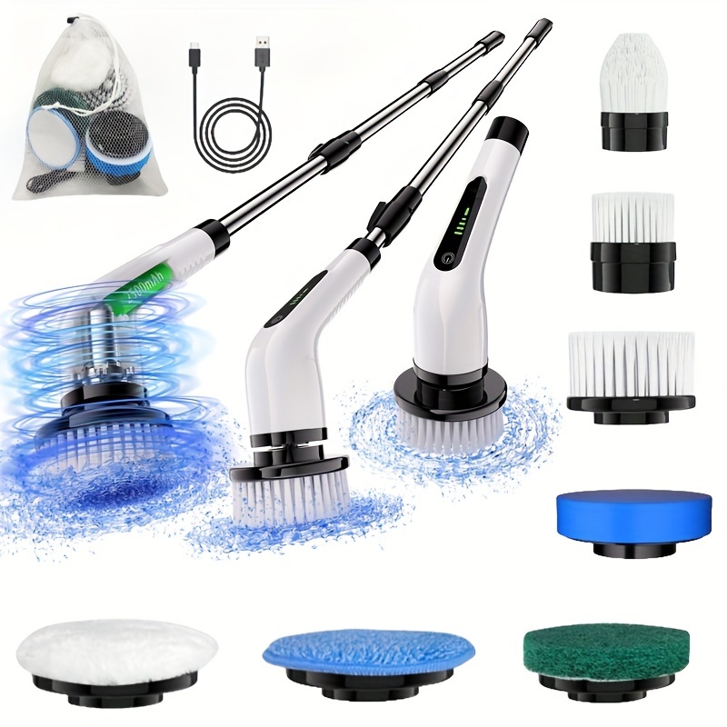 

Electric Rotary Scrubber With Cordless Cleaning Brushes With Power Indicator, 7 Interchangeable Brush Heads, Double Speed And Detachable Telescopic Handle For Kitchen, Bedroom And Bathroom