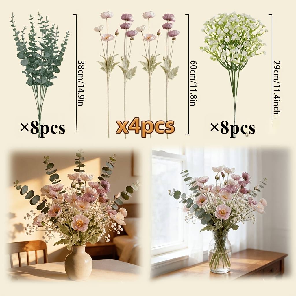 Image of 20pcs Pink Artificial Peonies & Eucalyptus With Twisted Stems | Flower Vase Table Centerpieces For Wedding, Party, Home Decorations, Living Room, Kitchen, Dining, Rustic Farmhouse Decor