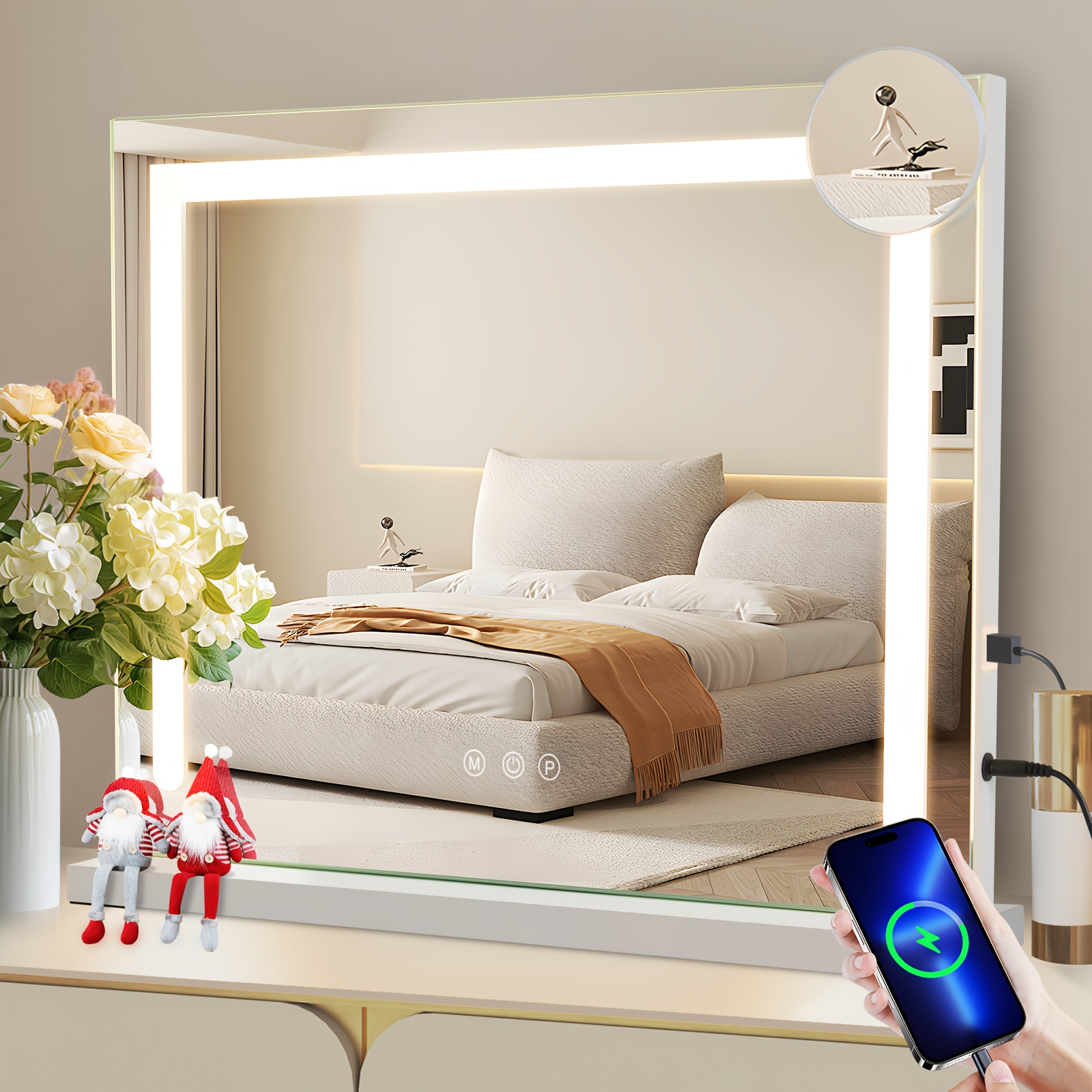 

Makeup Mirror With Lighting - 50x40cm Dimmable Led Mirror With 3 Color Light , 5x Magnification Mirror, Usb Connection For Bedroom, Dressing Room