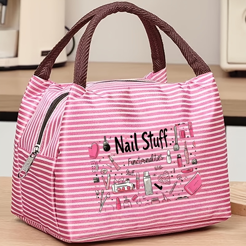 TEMU Nail Art Tool Line Art Print Striped Handbag And Storage Pouch, Simple And Portable Makeup Bag With Reinforced Woven Handle, Large Capacity