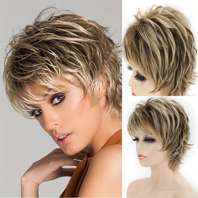 

Women' Short Hair Wigs Color Black And Blonde Hair Fluffy Fiber Syntheticc Curly Wigs Perruque Peruca