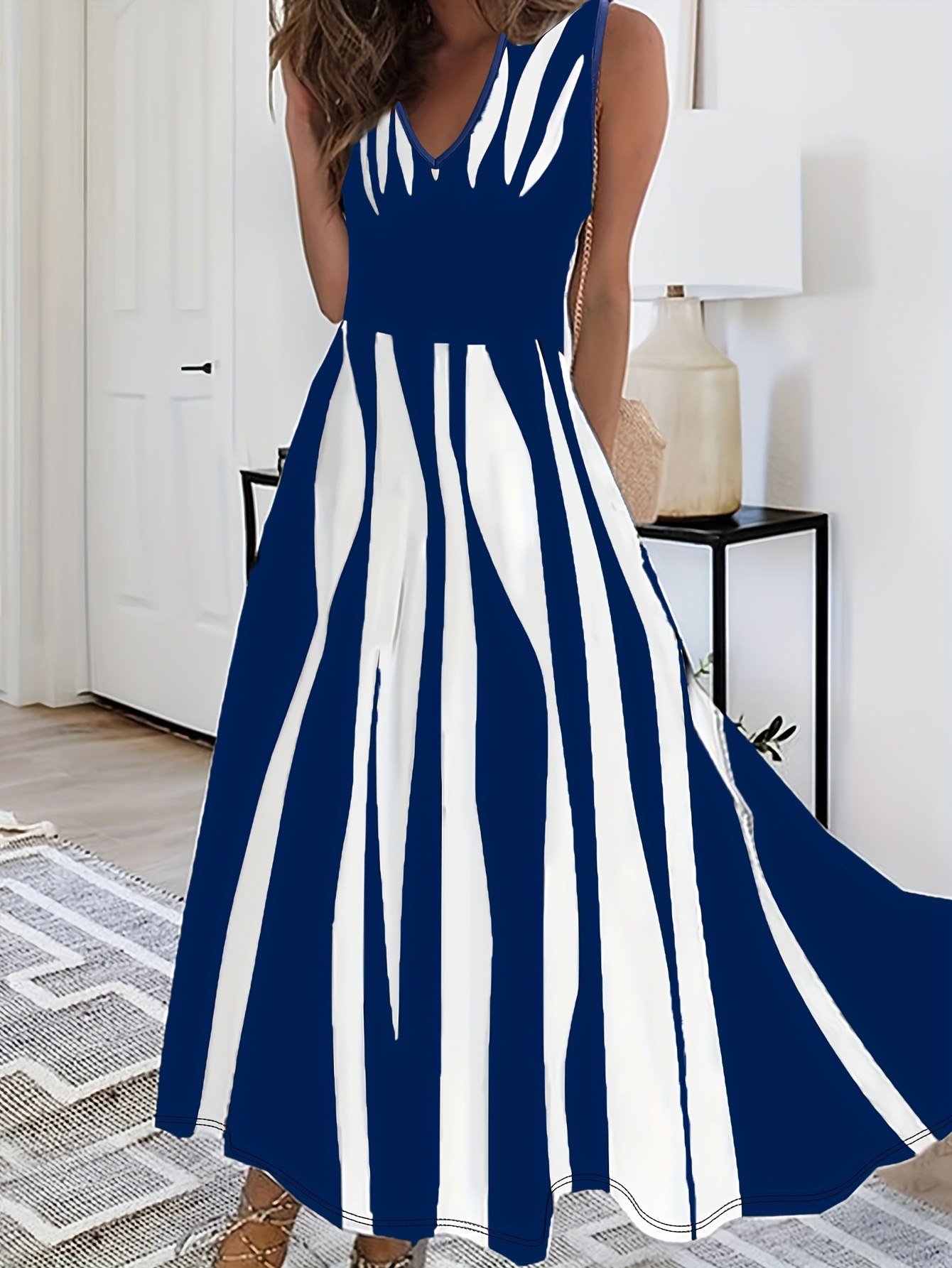 summer new elegant fashion geometric print versatile womens vest dress blue 0