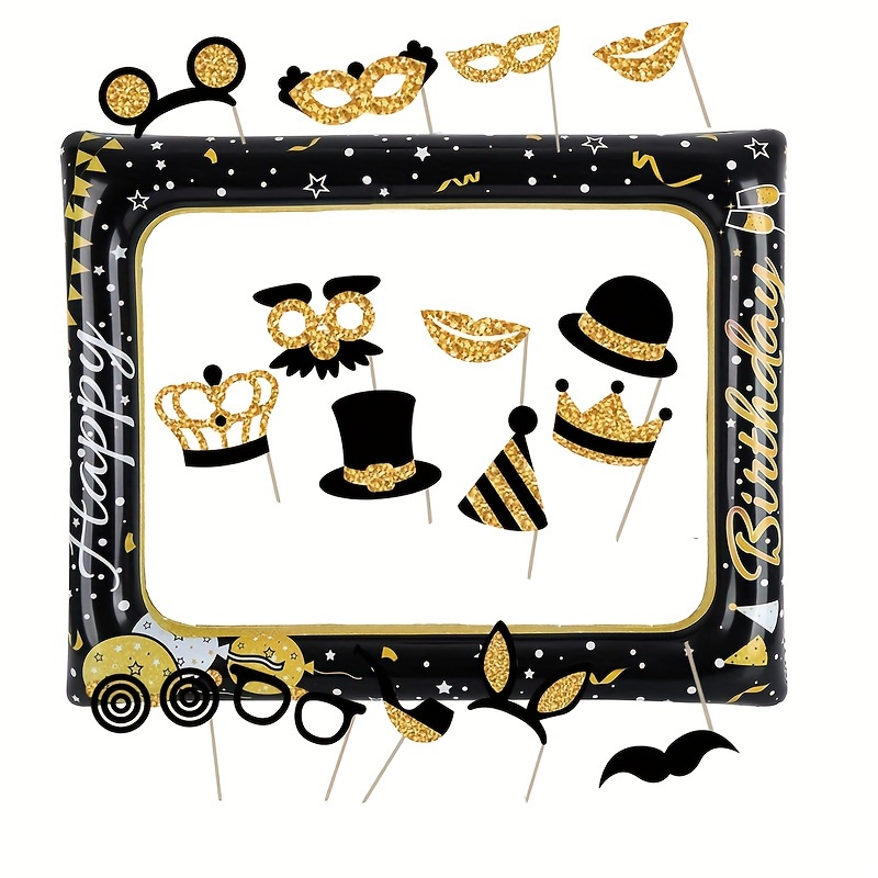 

17pcs Birthday Party Photo Booth Kit - Inflatable & Accessories, Black & Golden Theme, Celebrations