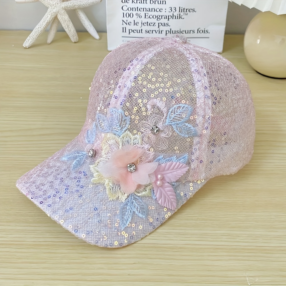 

1pc Embroidered Floral Lace Baseball Cap For Women, Breathable Summer Sun Hat, Moisture-wicking With Sequin Details, Adjustable - Elegant Outdoor Headwear
