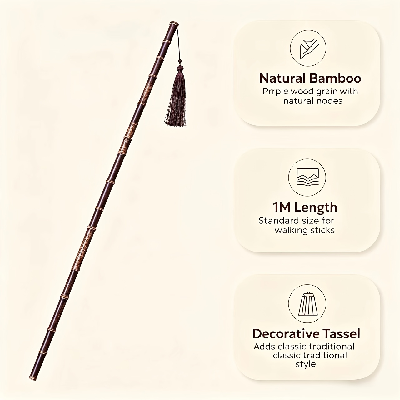TEMU 1 pièce/Bâton de randonnée en bambou violet avec pompon, un mètre de long/Matériau en bambou/Veinage naturel, convient comme bâton pour la