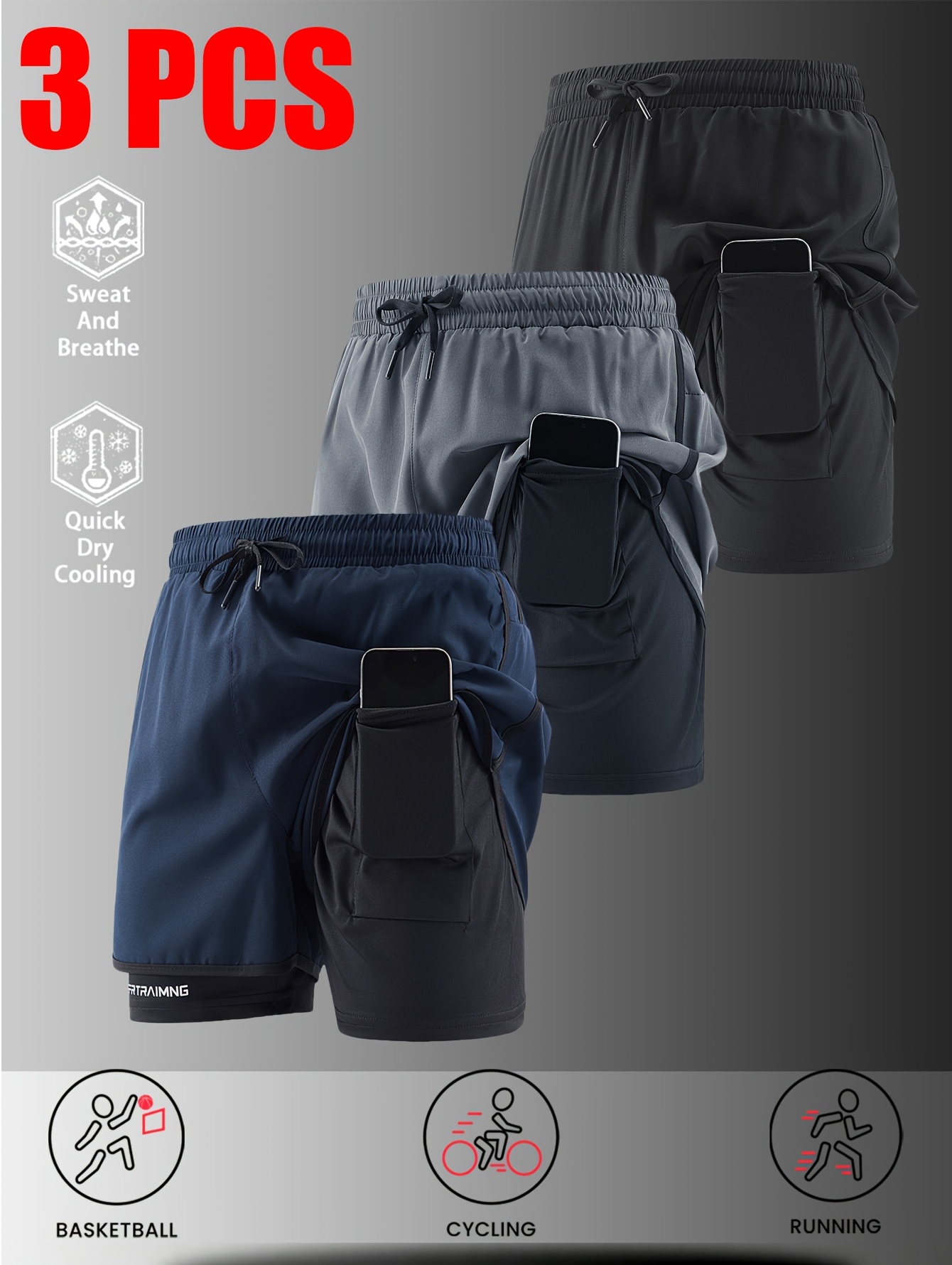 3-Pack Men's Quick-Dry Breathable Running Shorts, Two-in-One Lightweight Moisture-Wicking Loose Fit Athletic Cycling Shorts with Elastic Drawstring Waist and Side Pockets, Suitable for Training and Casual Wear | Multiple Combinations Available