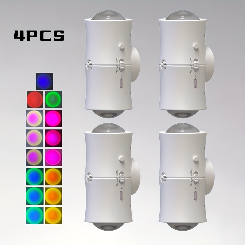 E-shop 4er-Set LED-Wandleuchten mit Bewegungsmelder für den Innenbereich, kabellose magnetische RGB-Nachtlichter wiederaufladbar für Schlafzimmer