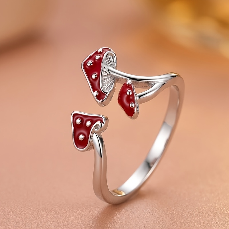 TEMU 1pc Fun Red Mushroom Niche Design Statement Ring Hypoallergenic Non-fading, Cute Red Base White Dot Mushroom Shape With Silvery Band, And