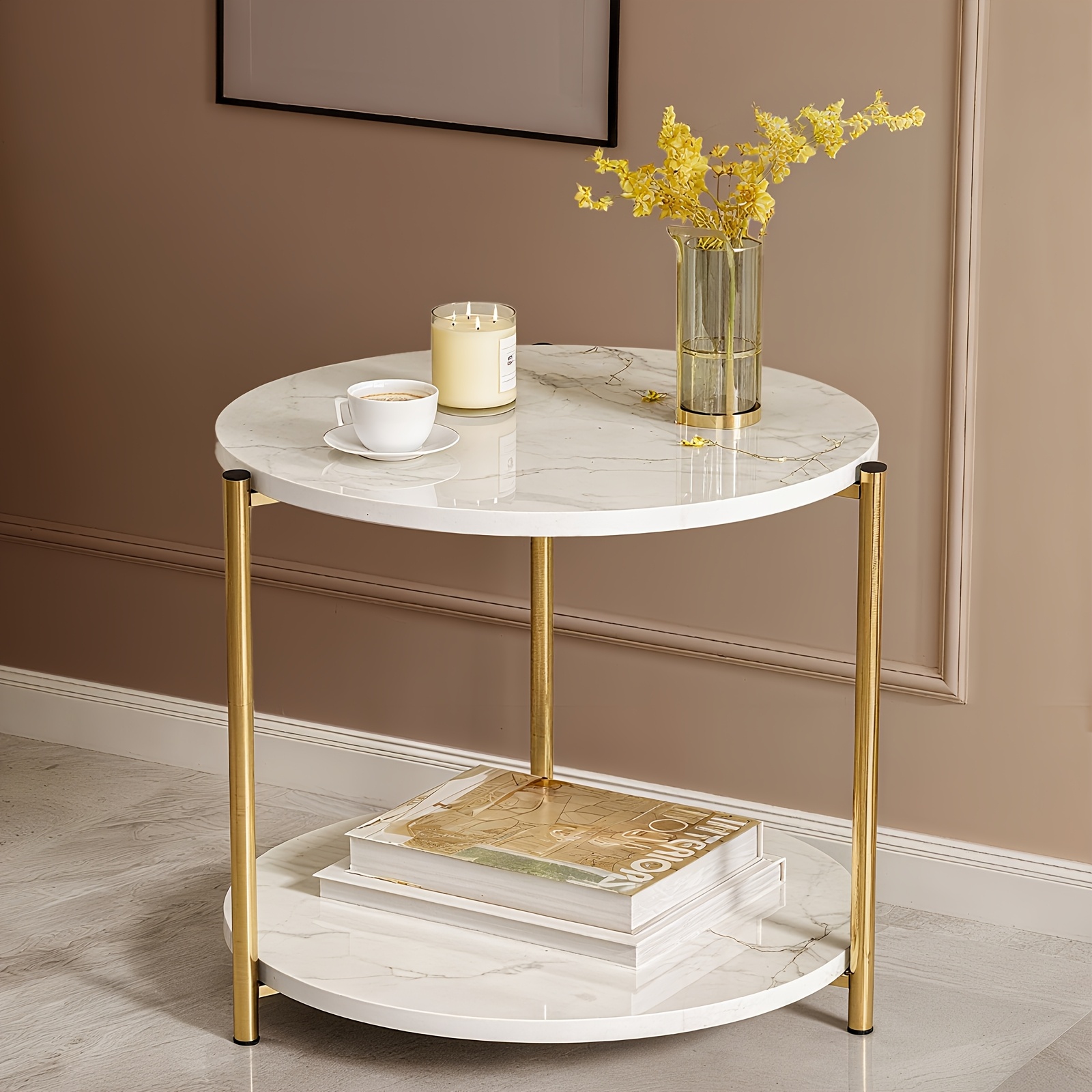Double-layer Golden Side Table, Marble Pattern Side Table, Small Round Bedside Table, With Golden Metal Frame, Suitable For Living Room Or Bedroom Modern Decorative Table